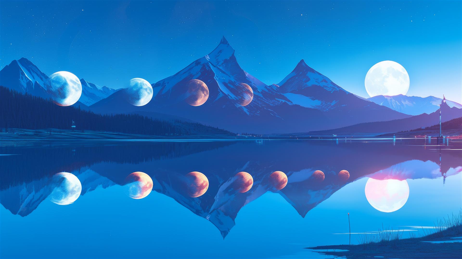 Lunar eclipse phases reflected in mountain lakes