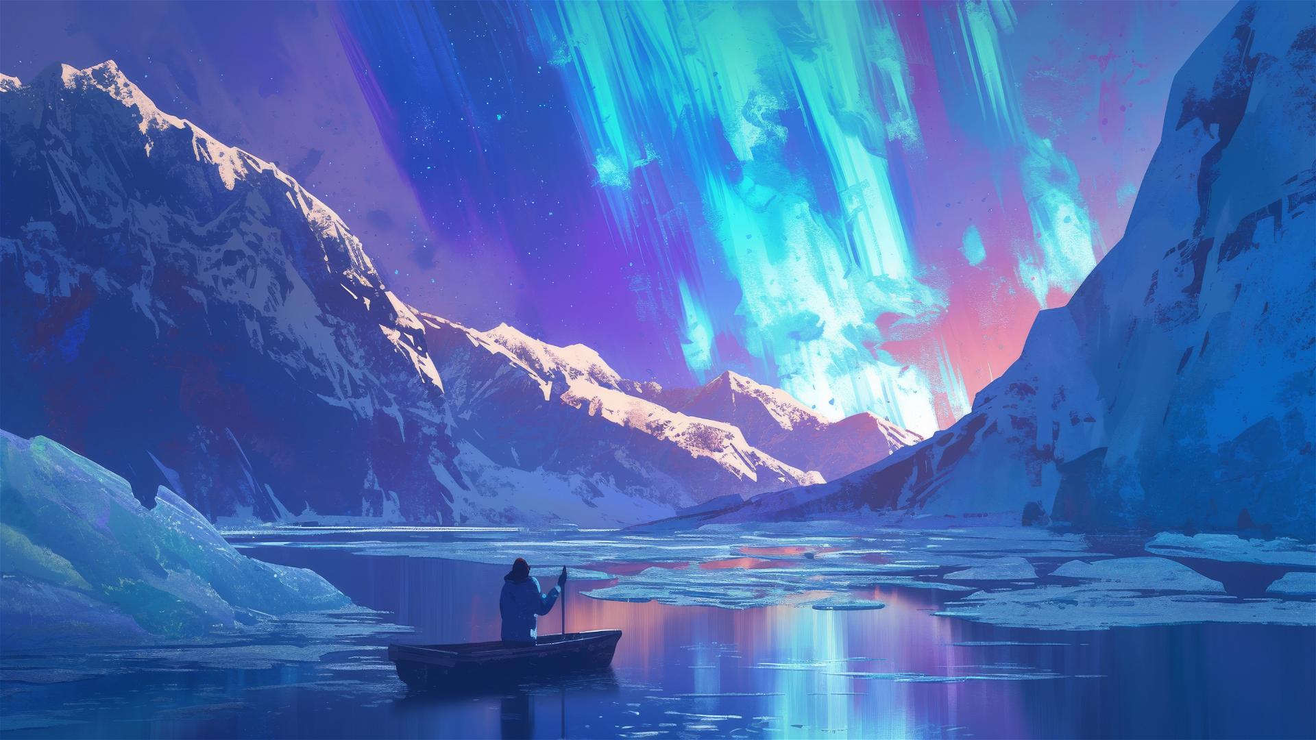 Aurora over ice-glazed canyon with northern lights reflection