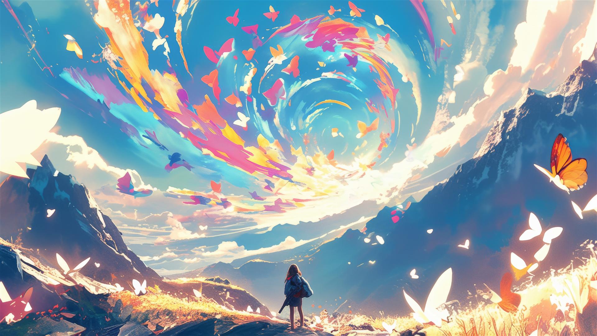 Colorful butterflies in a mountain pass forming a vibrant vortex with fluttering wings