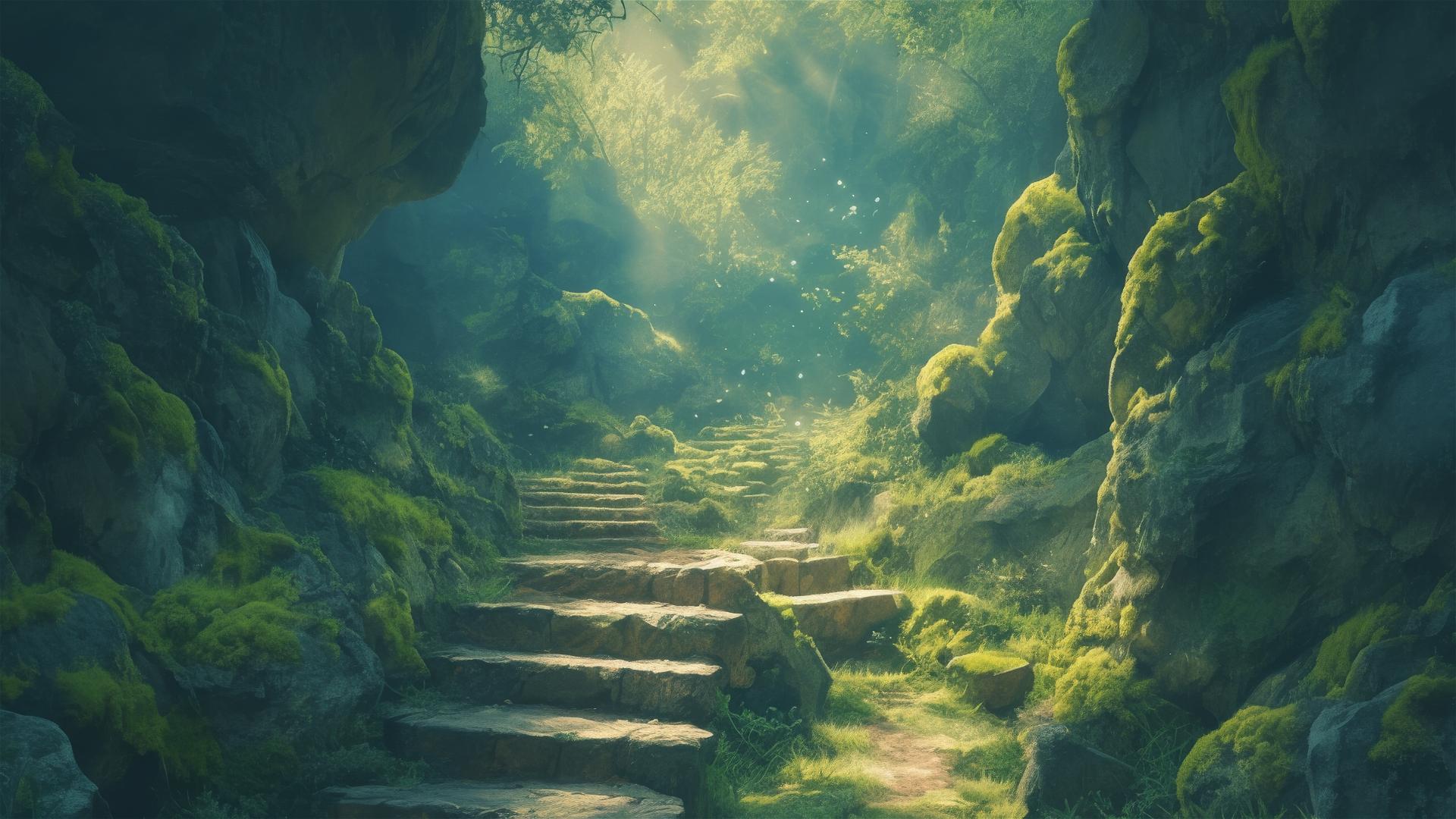 Glowing moss-covered canyon walls under moonlit pathway