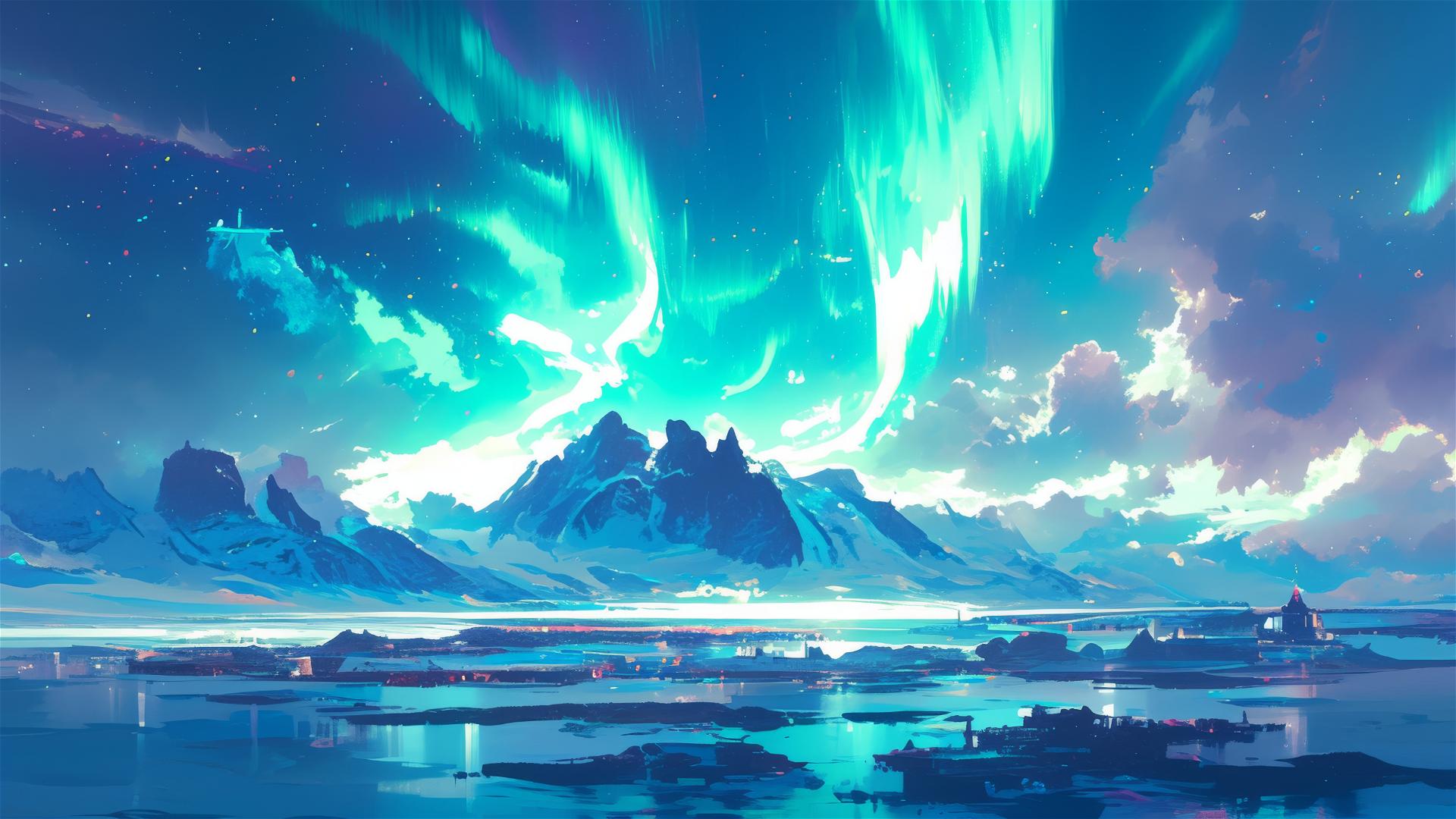 Aurora-lit islands under vibrant aurora borealis
