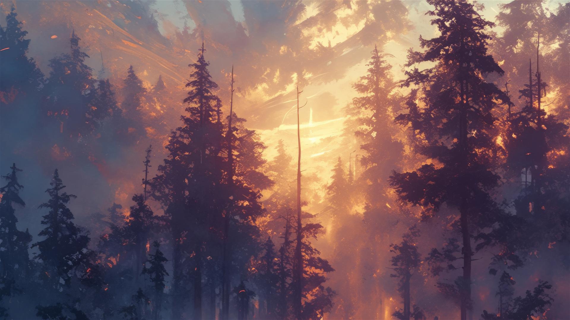 Ethereal vapor forest with warm mist from geothermal activity