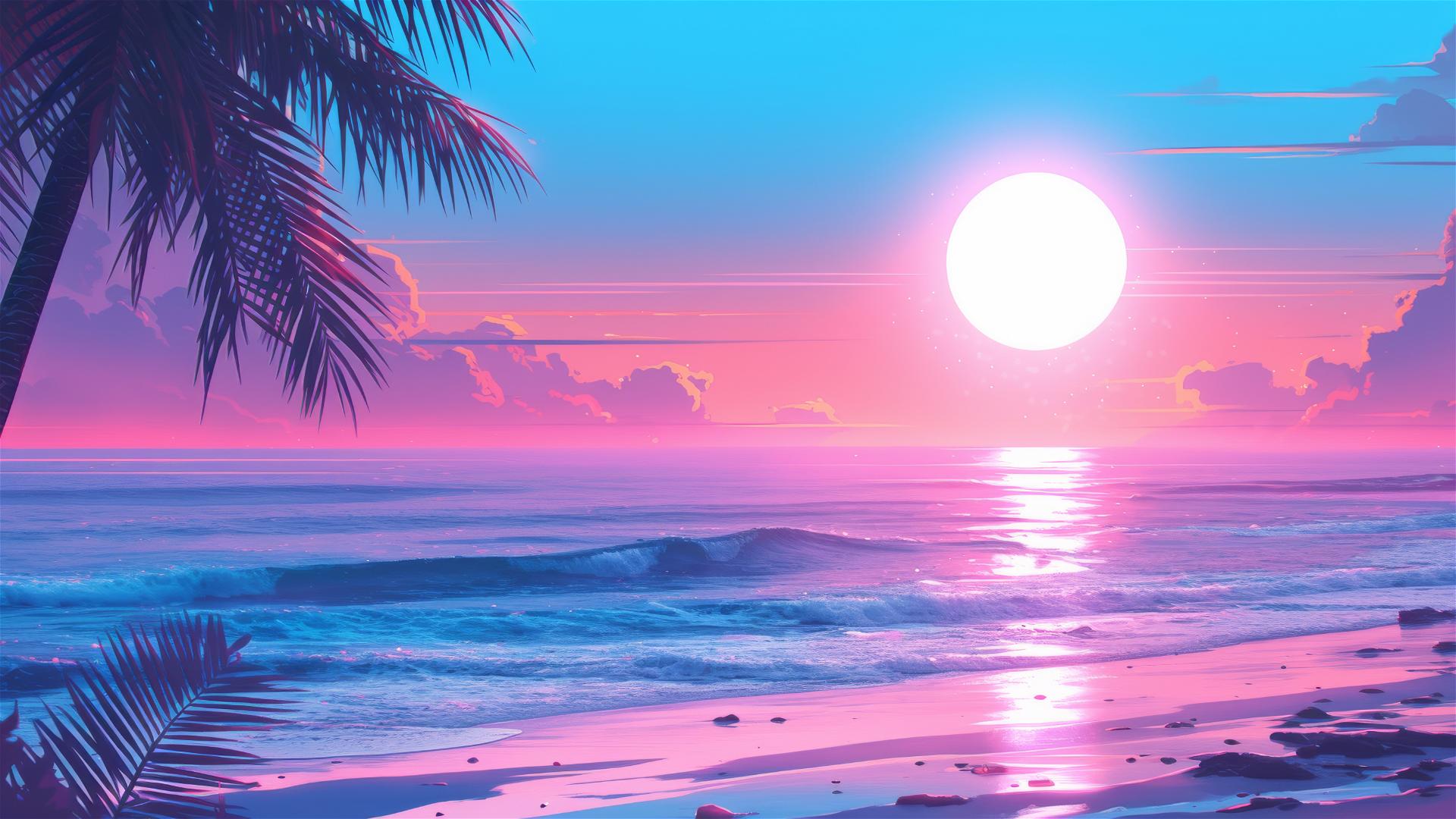 Vaporwave beach with neon sunset over waves in retro-futuristic landscape