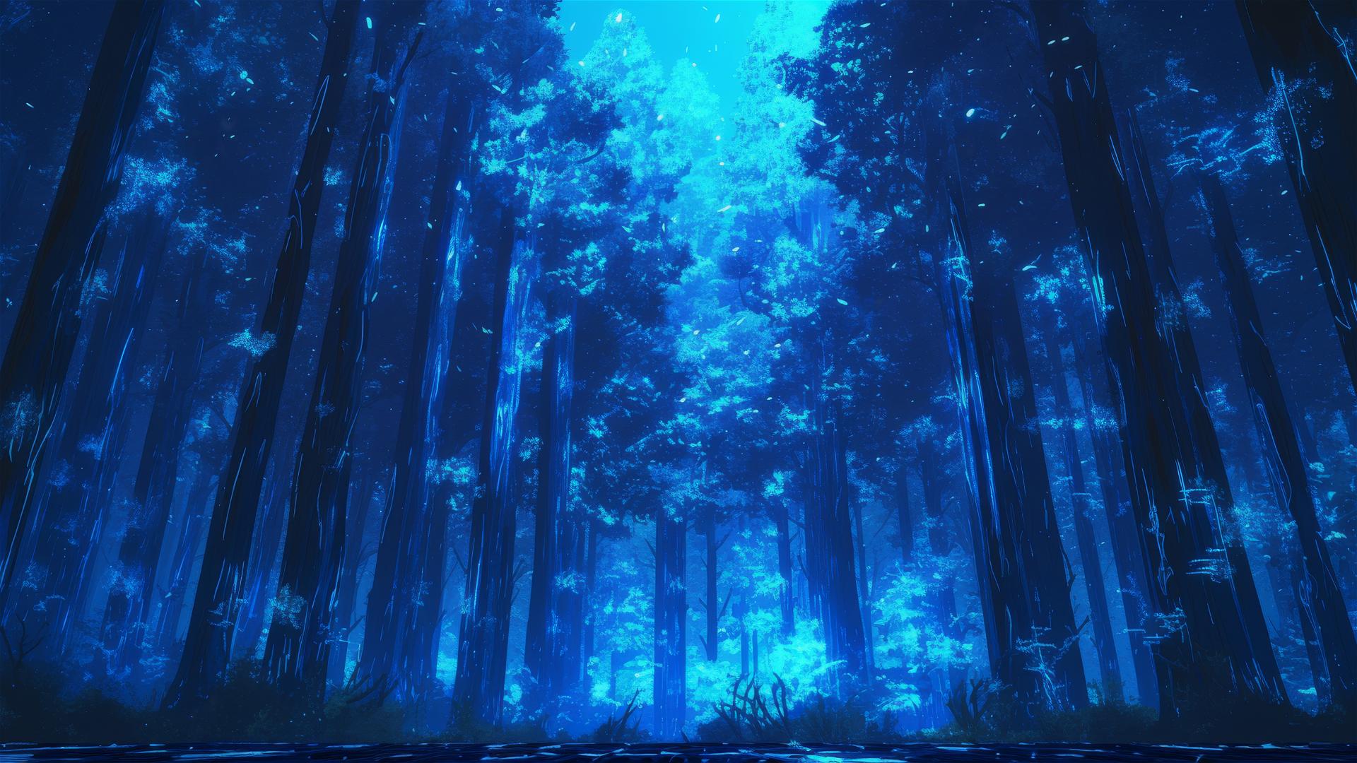 Bioluminescent forest with lightwave effects from breeze