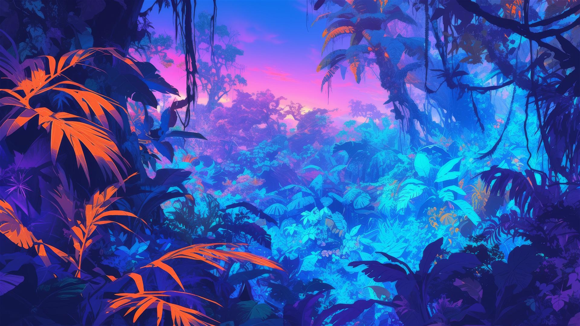 Fluorescent jungle foliage lighting up the night in neon colors
