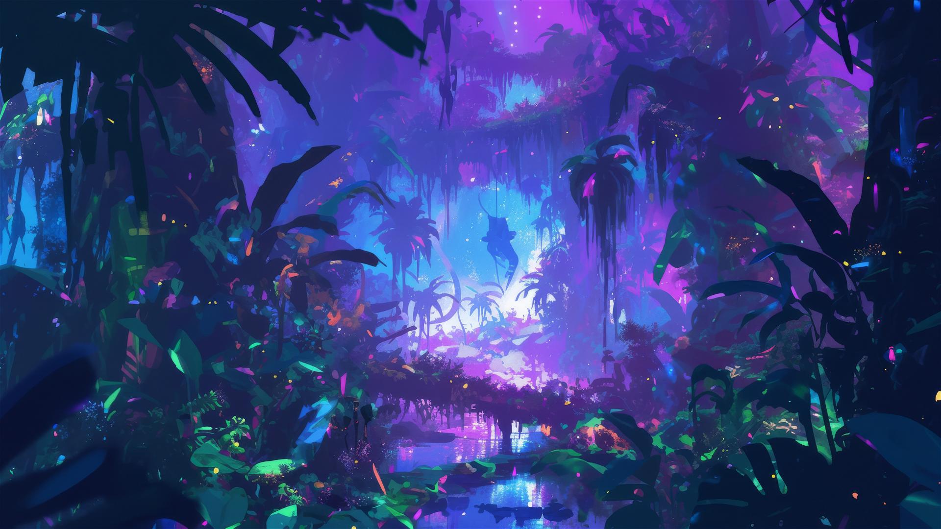 Neon-lit jungle with fluorescent foliage at night