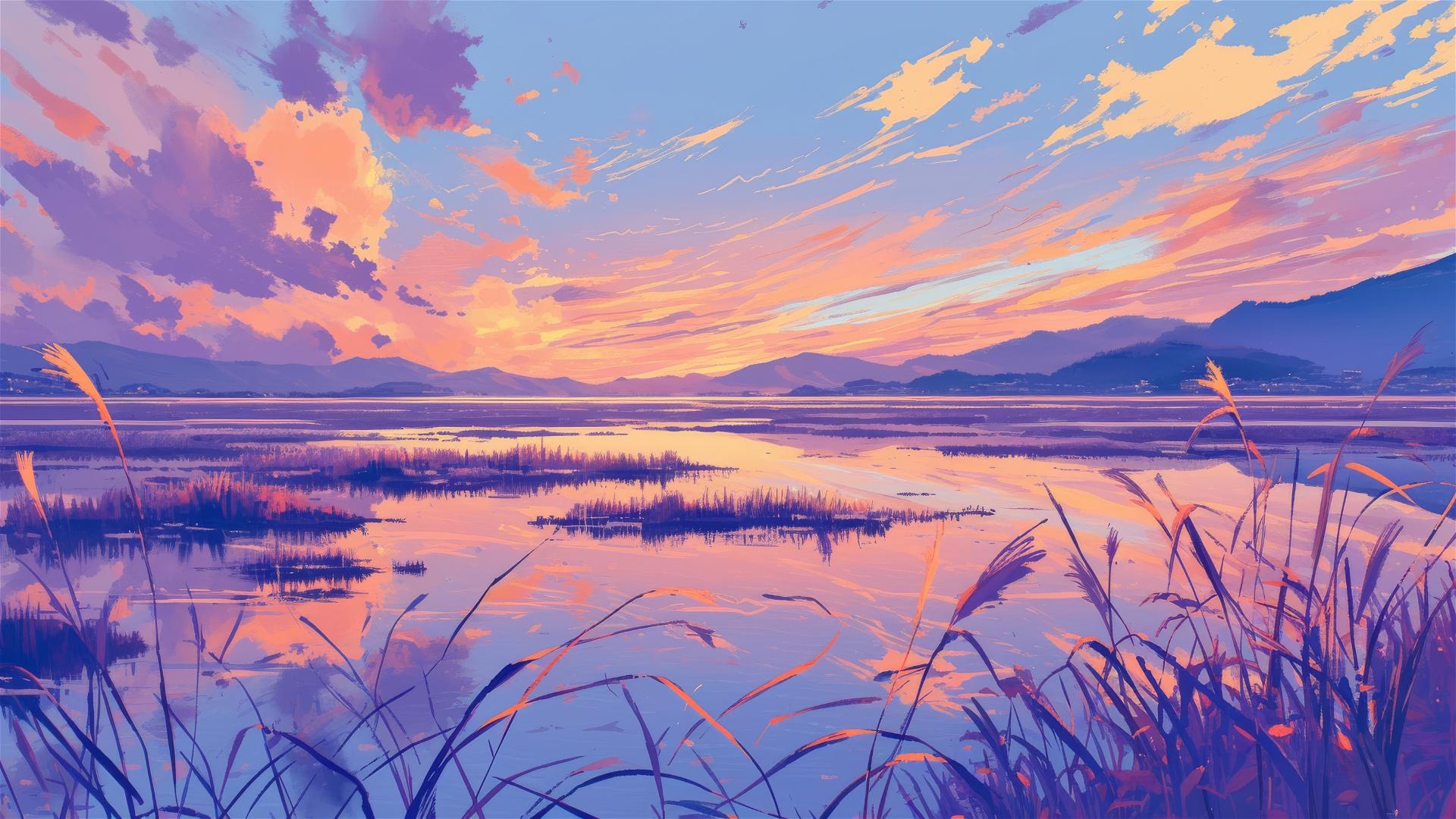 Twilight marsh with purple & orange sky reflection on water