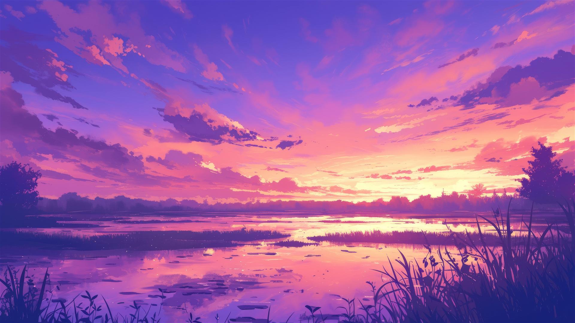 Twilight marsh with purple and orange sky reflection on water