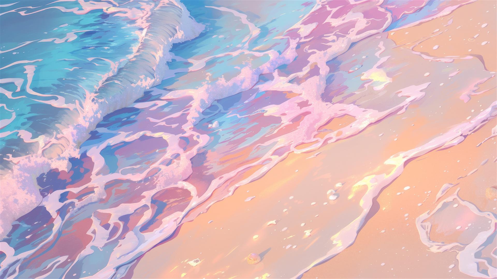Pearl beach with nacreous shimmering sands and a serene, glowing ambiance
