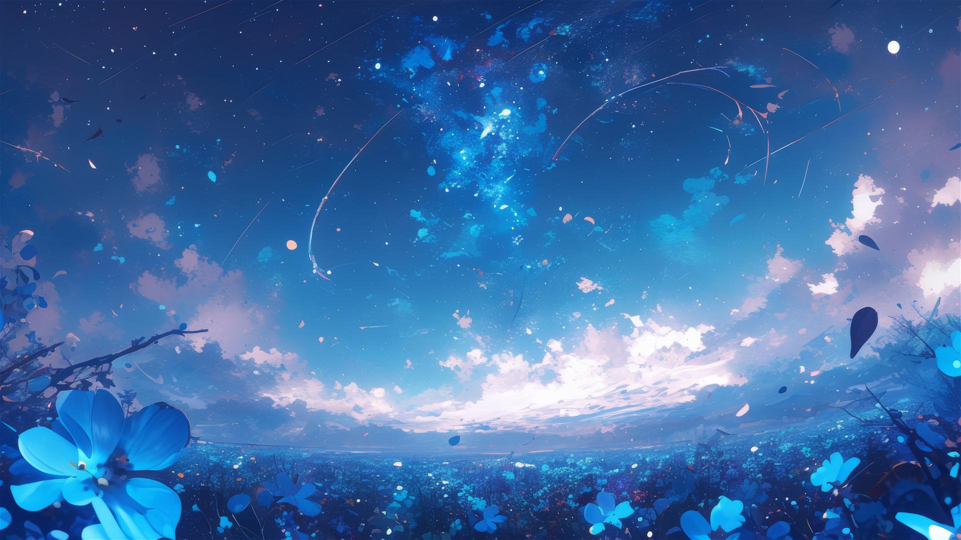 Floral galaxy with glowing constellation flowers at night