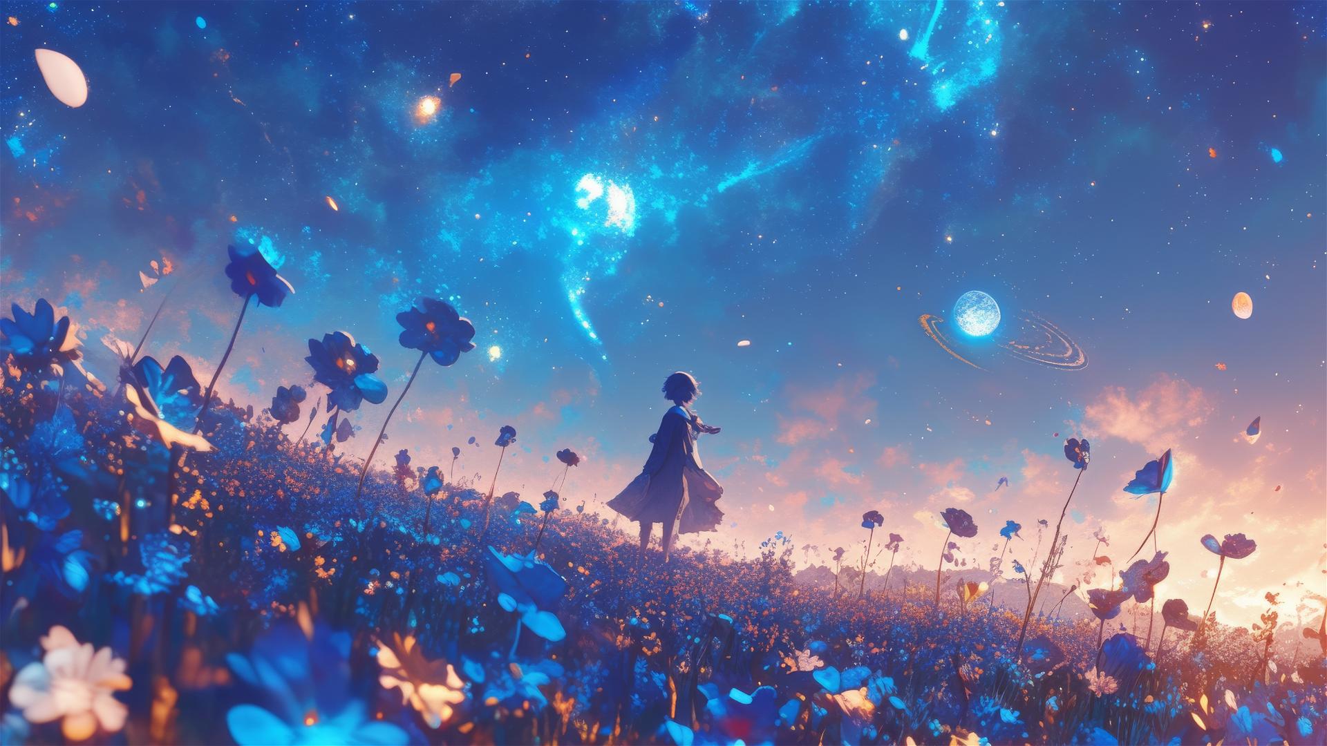 Floral constellation field glowing at night resembling a galaxy