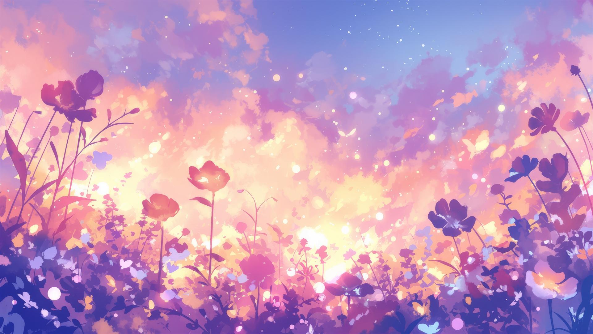 Colorful nebula-inspired flowers in a meadow under a starry sky