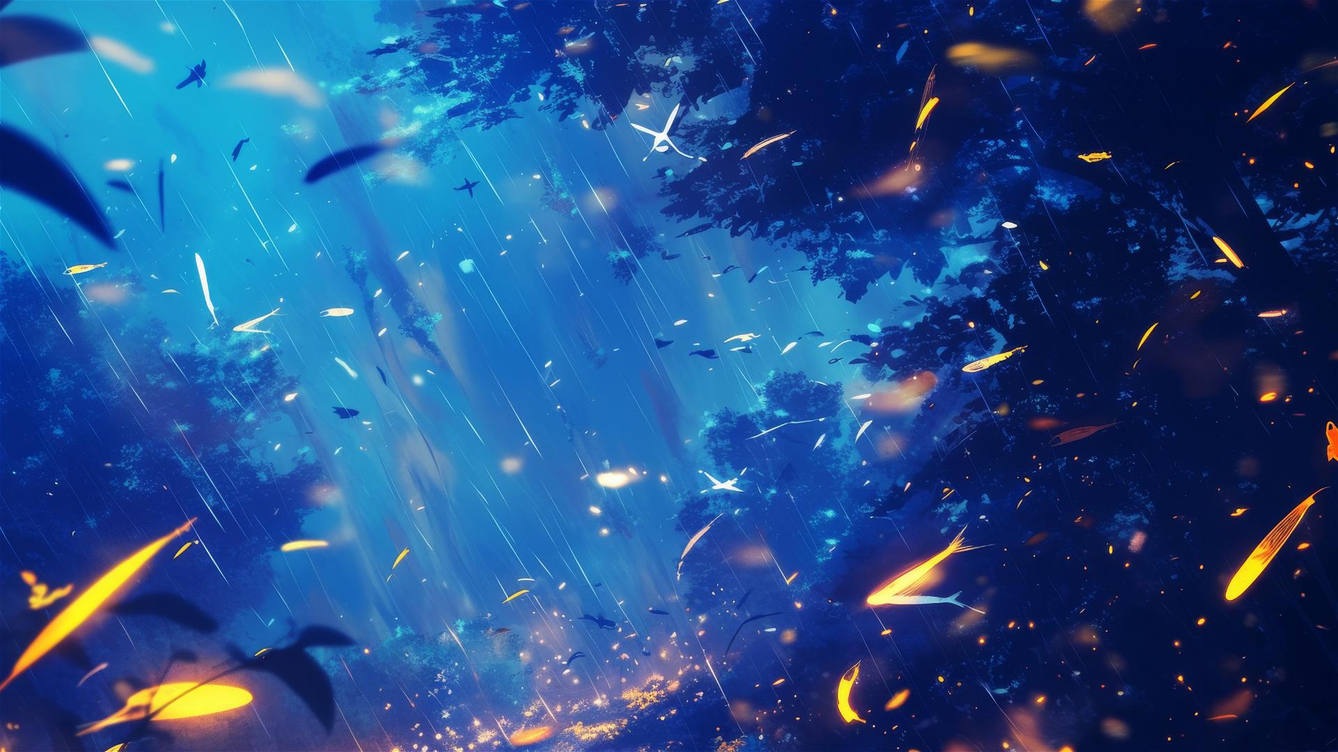 Swarming fireflies with rain-induced holographic light