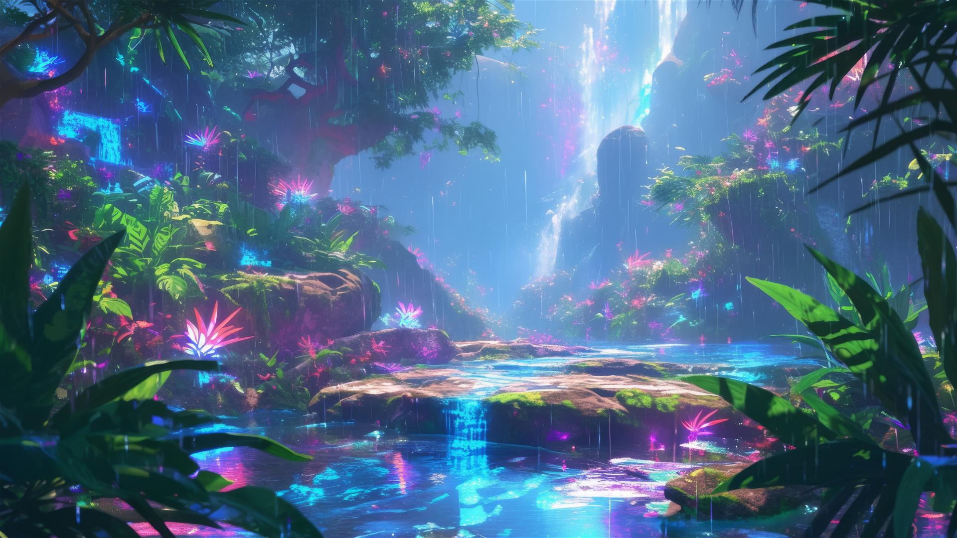 3D holographic rain with native flora and fauna illusions in the air