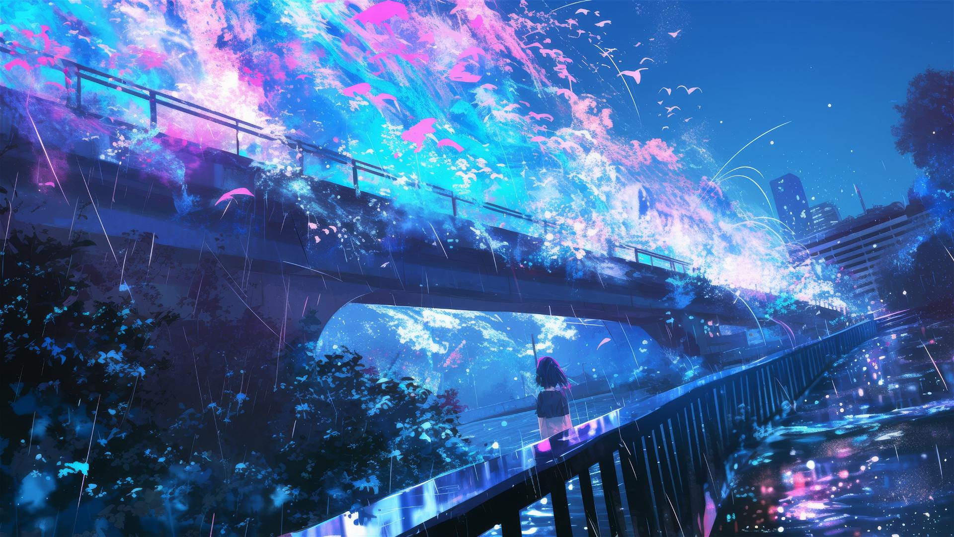 Holographic rain on bridge with aquatic life display