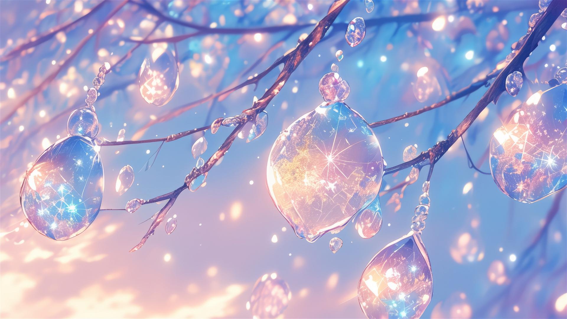 Holographic rain with snowflakes on a frosty morning