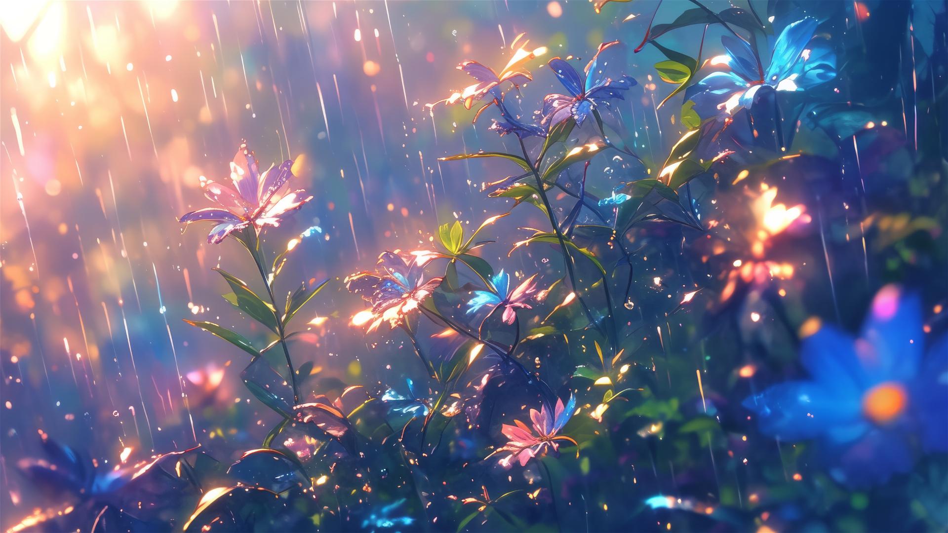 Holographic rain showcasing flowers in a botanical garden, lush ambiance