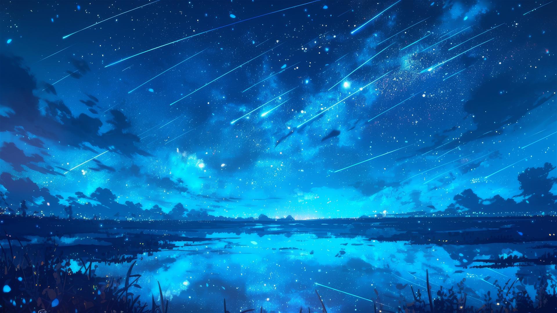 Lake reflecting meteor shower with starlit veil