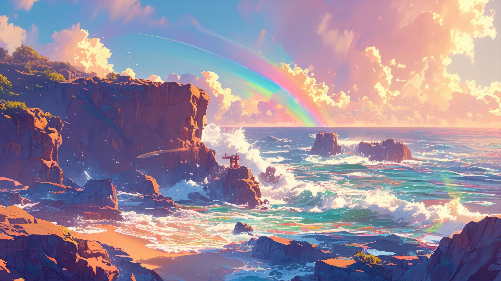 Sunset cliffs with sea spray creating rainbows around rocks