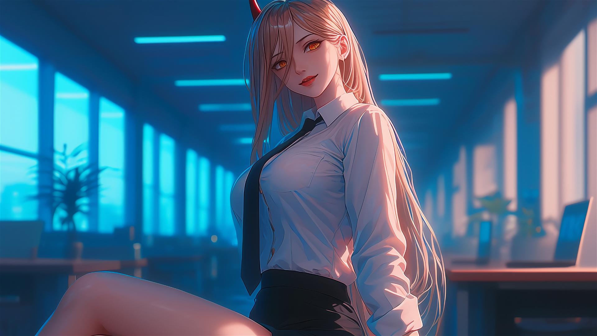 Remote angle of Power, a character from Chainsaw Man, in a long office hallway focusing on her traits including blonde hair, red horns and yellow eyes.
