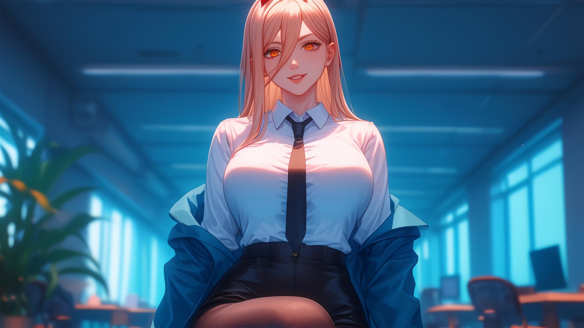 Remote angle of Power from Chainsaw Man at the end of an office hallway, highlighting her blonde hair, light red horns, yellow eyes and thighs.