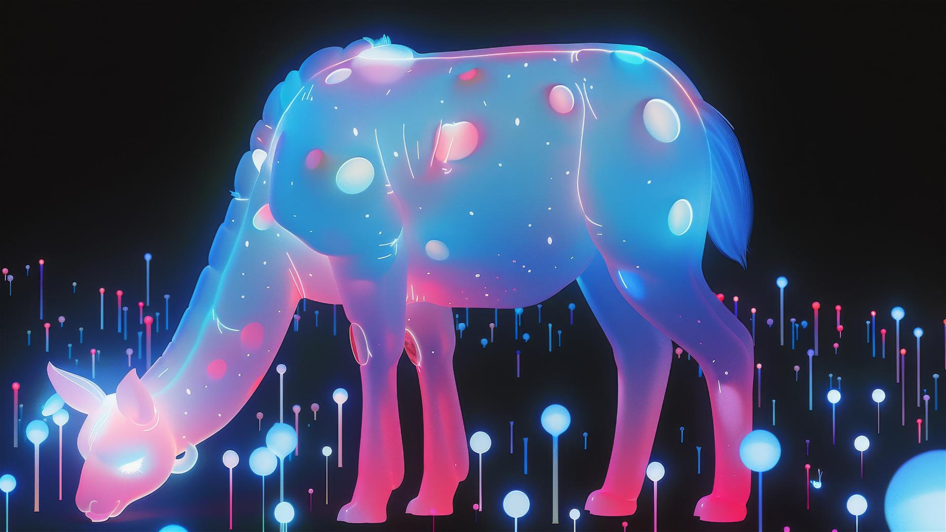 Giant translucent llama observing a glowing firefly on its leg