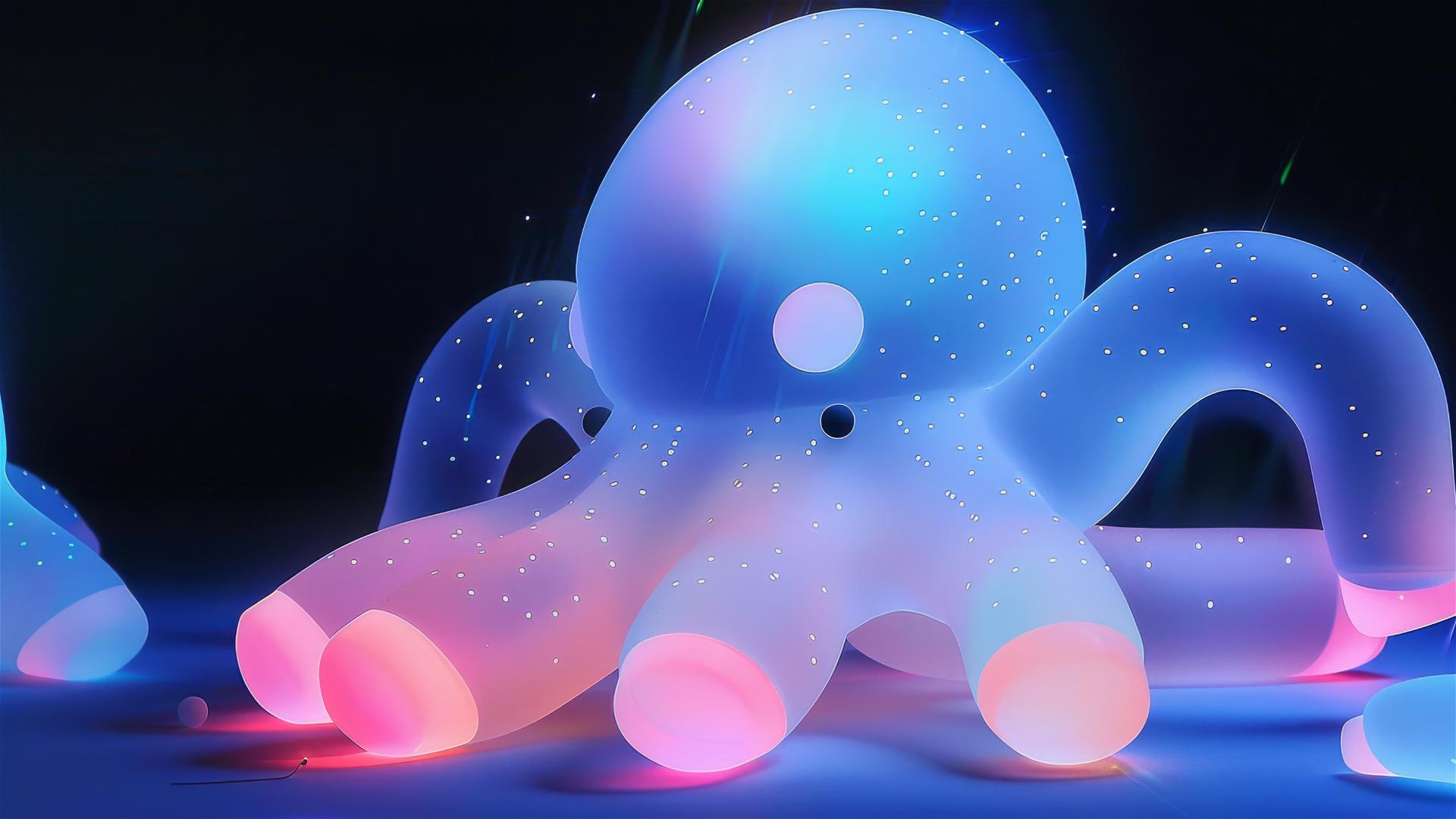 A translucent octopus in open space looking at a luminescent firefly in its tentacle