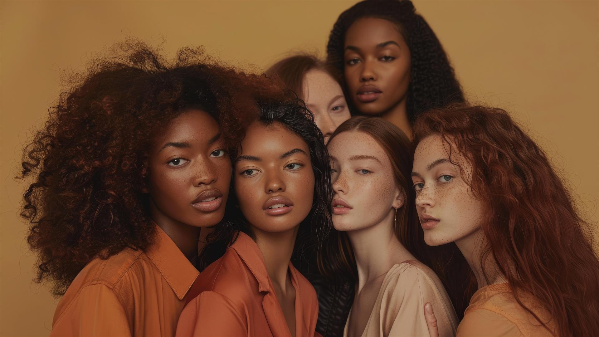 Group of models presenting diverse hair types and colors under warm studio lights, against a soft beige background