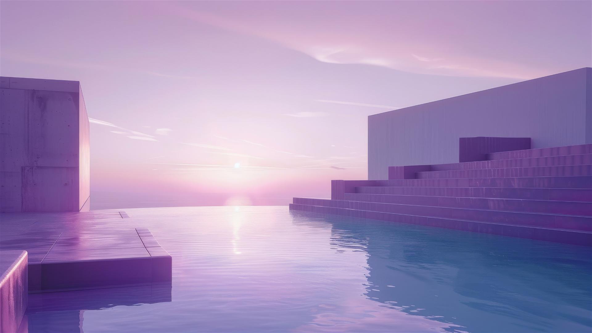 Photograph featuring 3 transparent light figures, muralla purple by Ricardo Bofill against clean, minimalist sky, and a swimming pool in a hyper-realistic, super-detailed cinematic style from the 80s