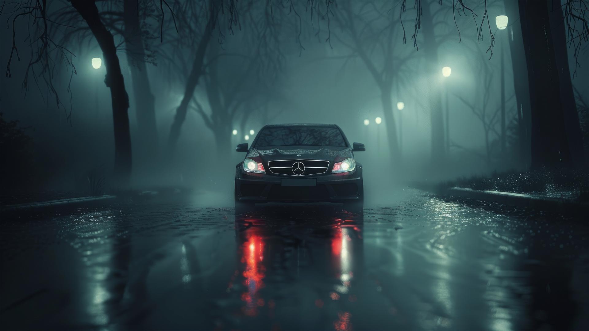 Closeup of Mercedes-Benz C-Class in dim, foggy gothic setting