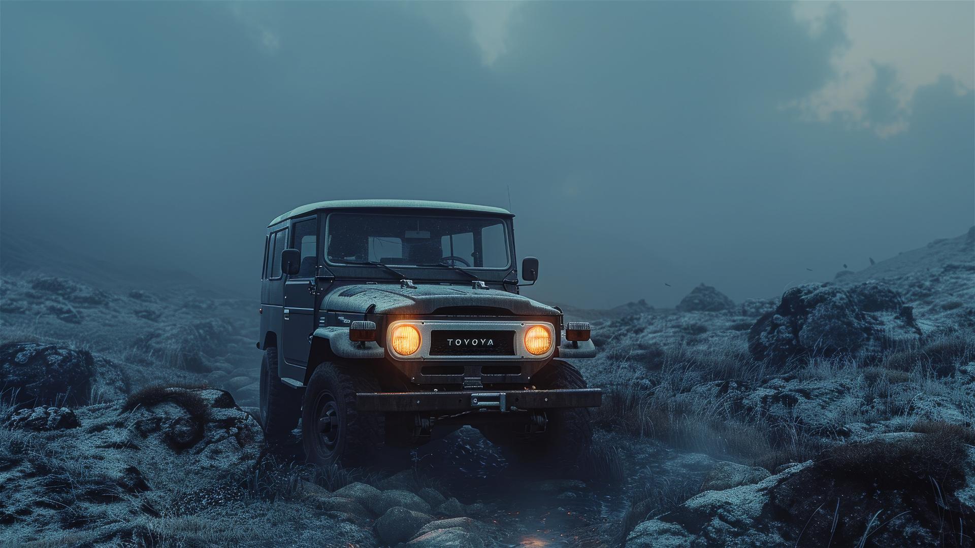 Closeup view of a Toyota Land Cruiser in Gothic, gloomy dim lighting with 8K smooth photorealistic details, all set in foggy ambiance