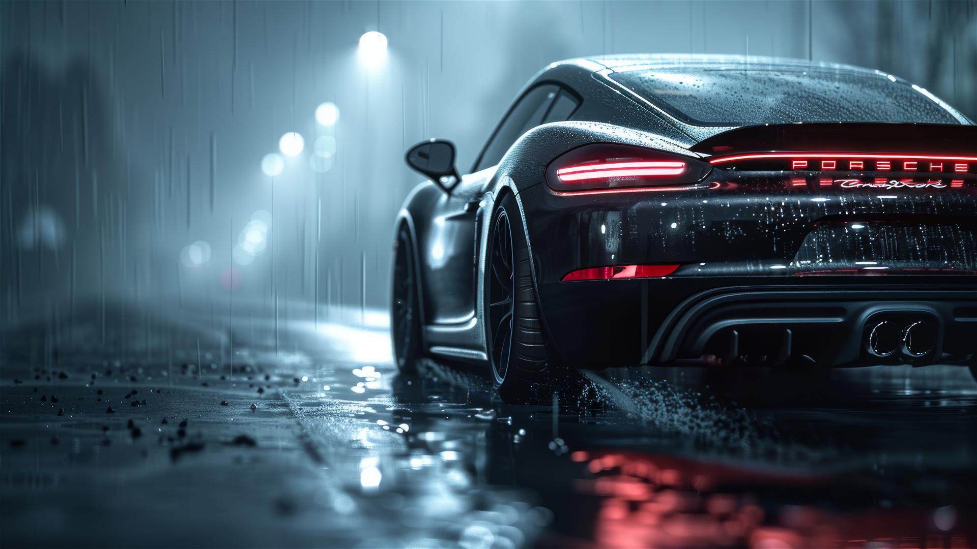 Porsche 718 captured in dim gloomy lighting with a foggy backdrop in a photorealistic closeup view