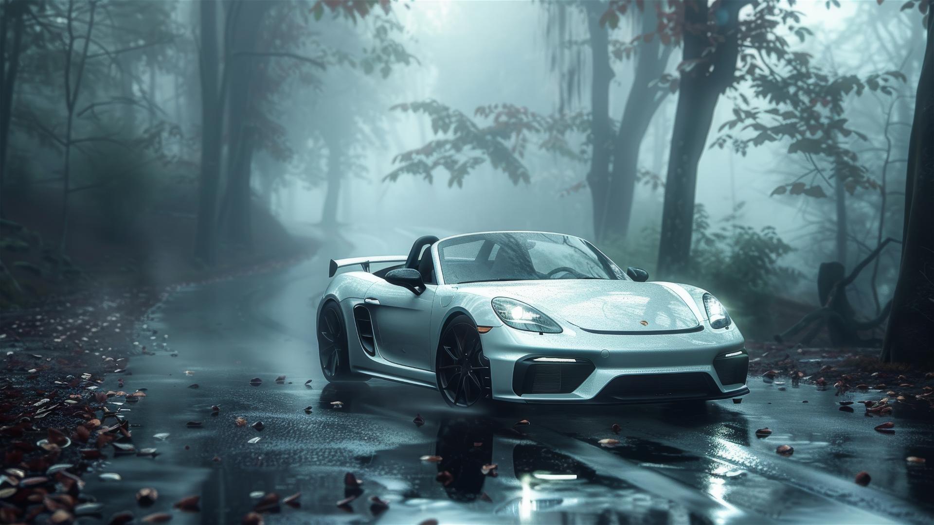 Porsche 718 in dim, gothic gloomy setting with fog