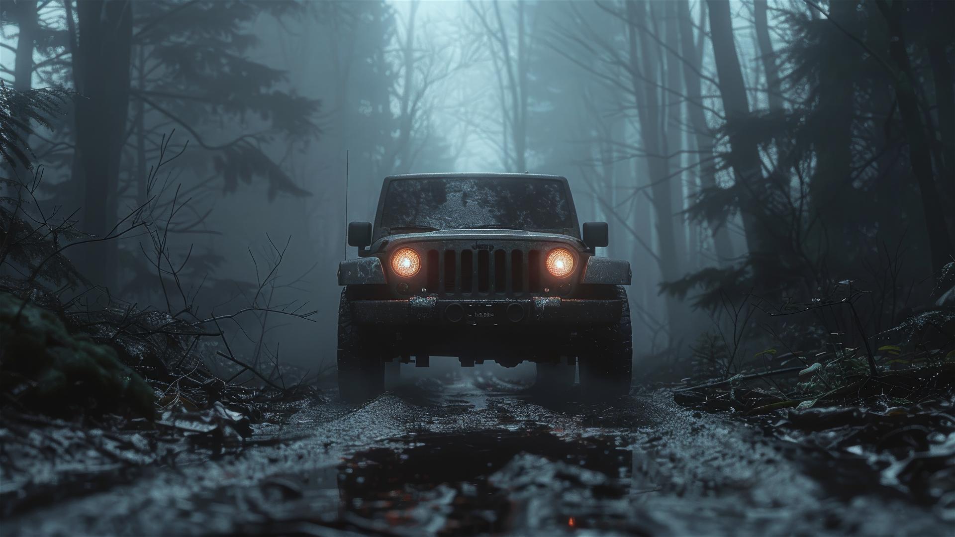 Jeep patriot in dim lighting with a gothic gloomy aesthetic, closeup view in foggy conditions - photorealistic 8k smooth.