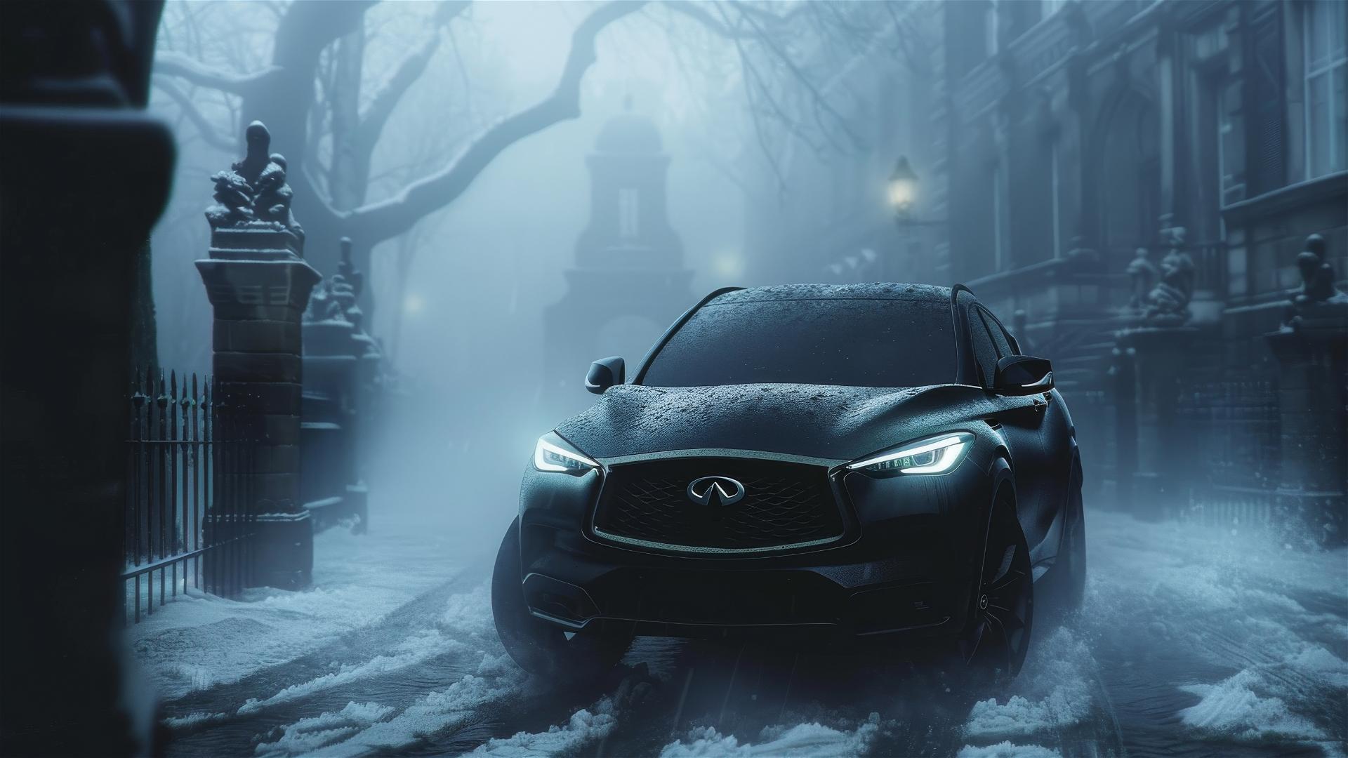 Closeup view of Infiniti QX30 in Gothic gloomy atmosphere with dim lighting and fog