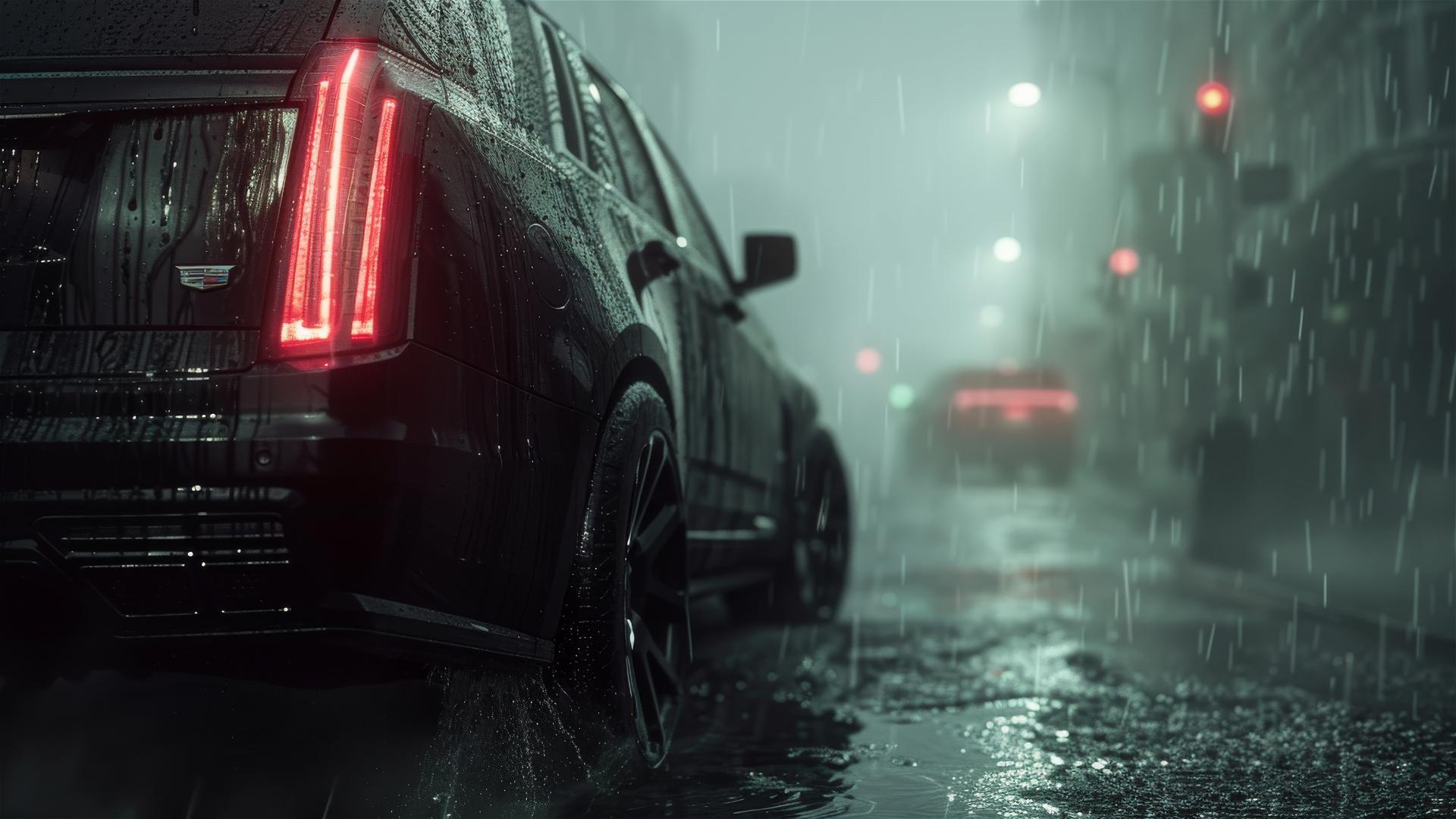 Close-up view of a Cadillac SRX in dim, foggy lighting with a gothic gloomy atmosphere