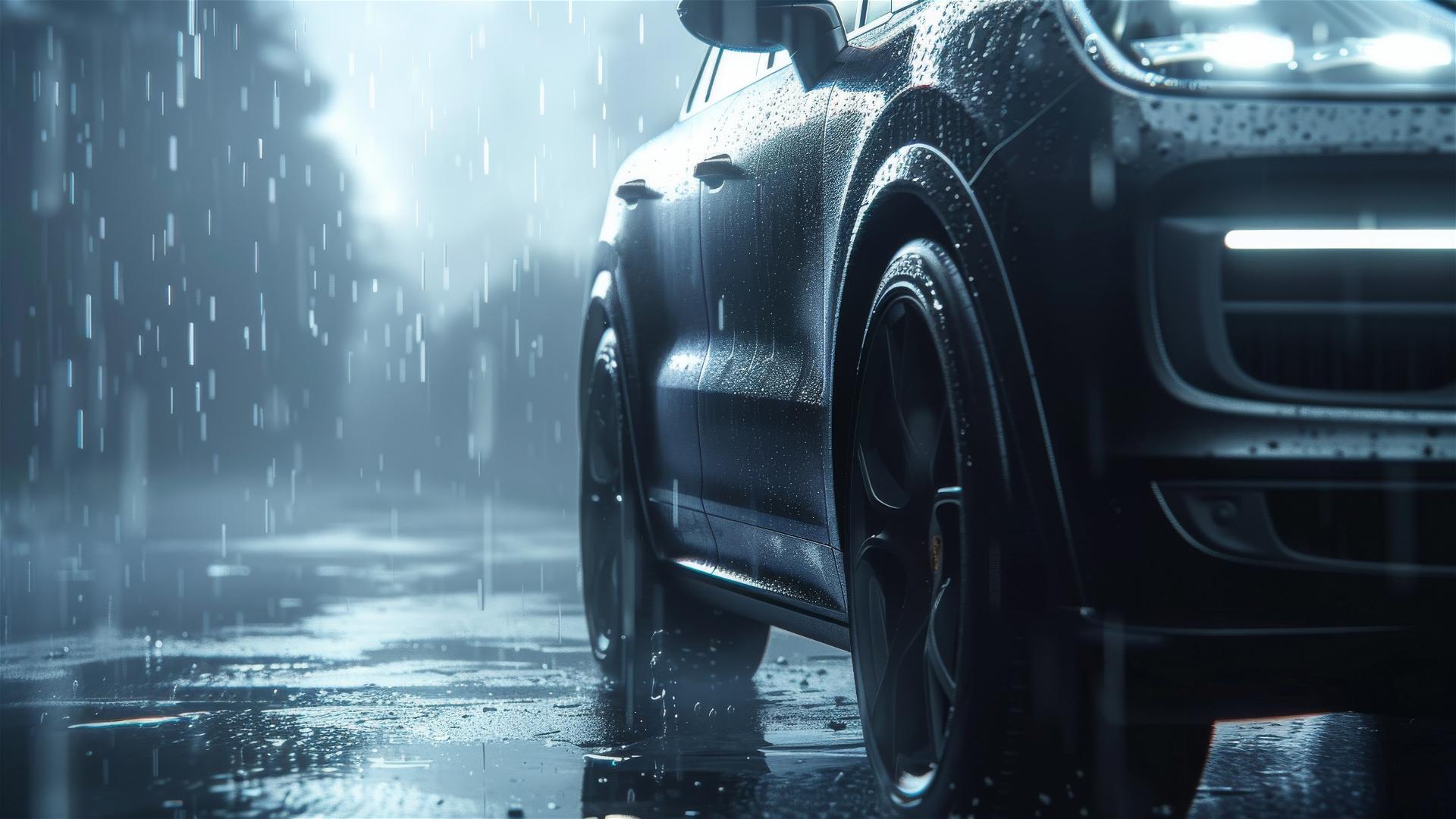 Closeup of a Porsche Cayenne in dim, foggy, gothic lighting