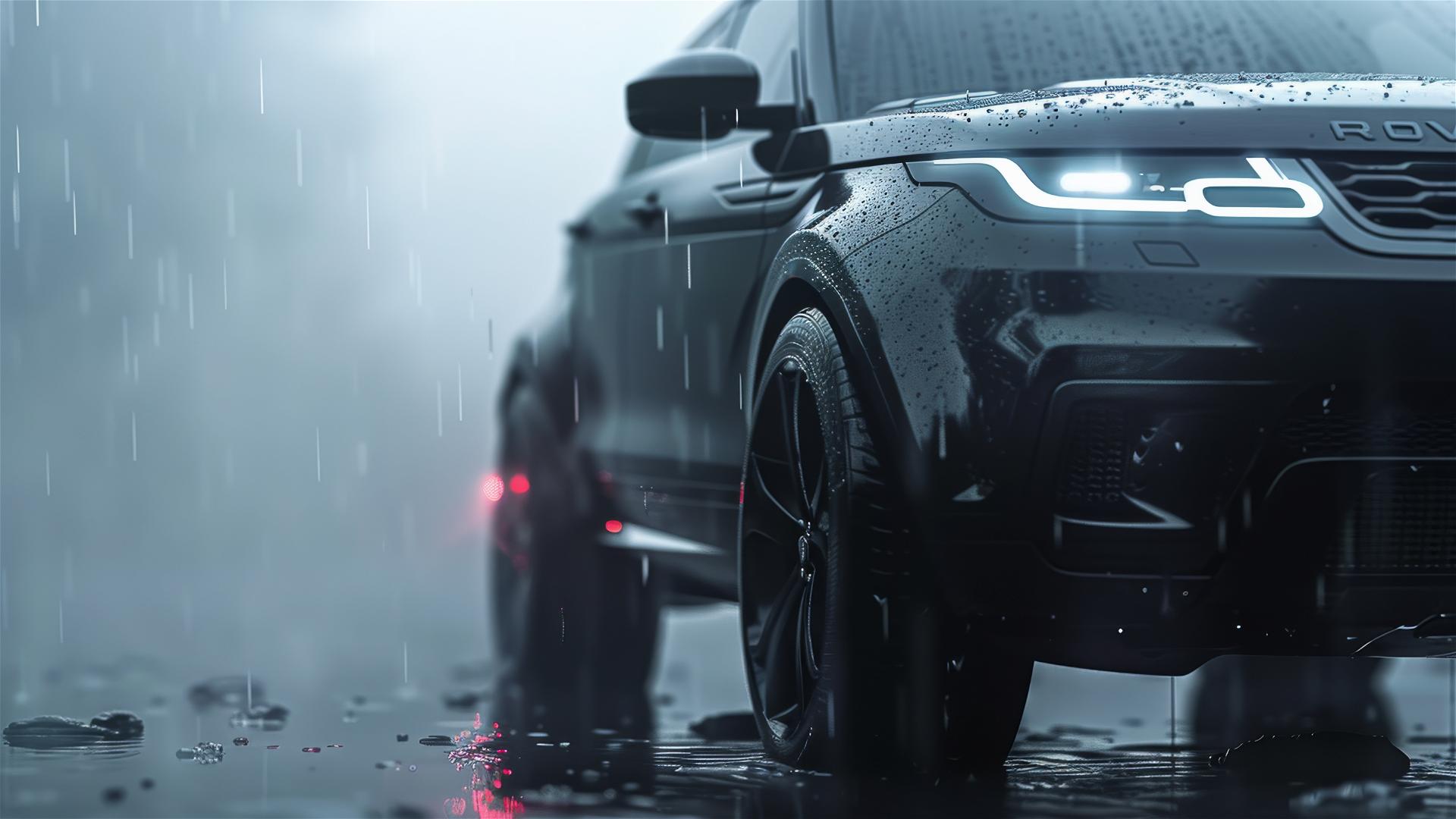 Land Rover Evoque in a dimly lit, foggy setting with gothic gloom