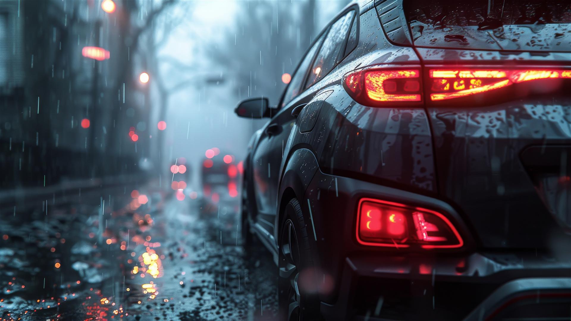 Hyundai Kona in dim lighting, highlighted by a gothic gloomy mood. Closeup view in a foggy environment, rendered in 8K photorealistic quality.