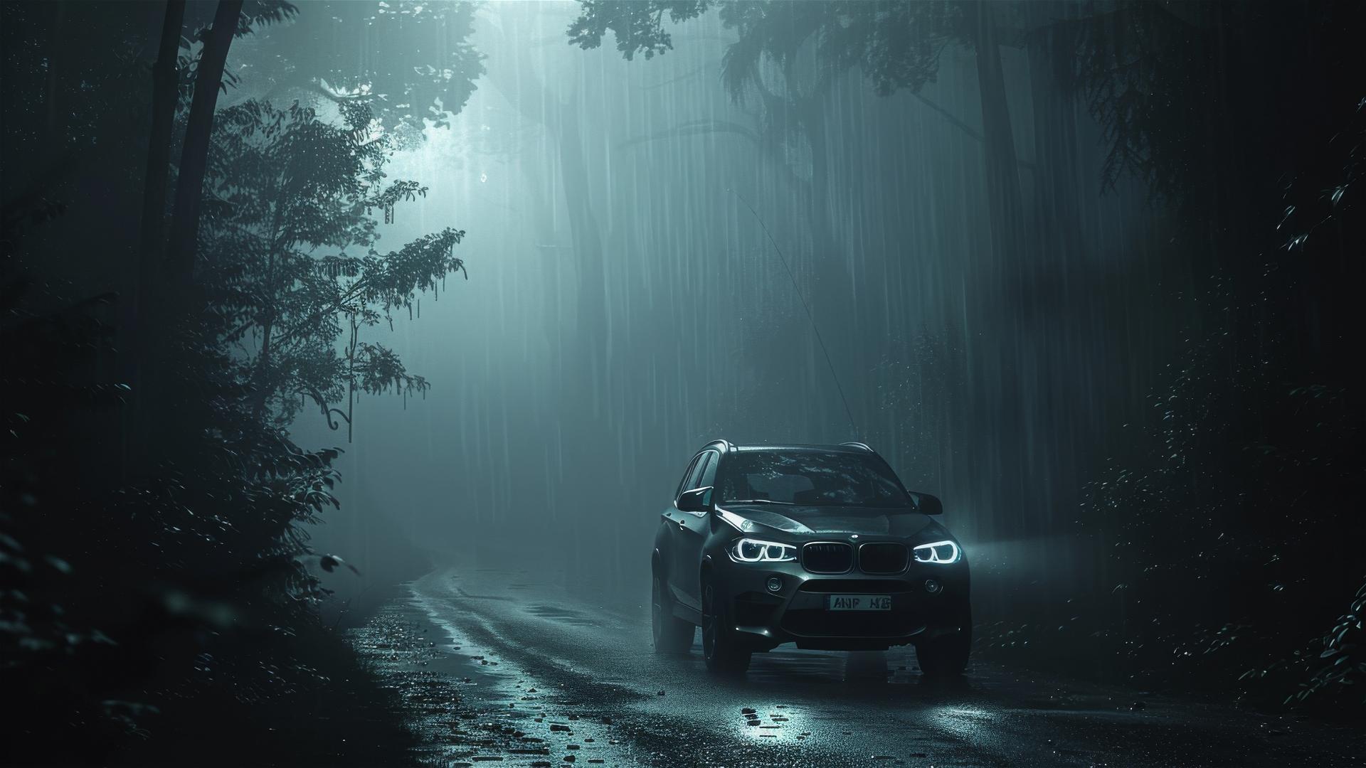 Closeup of a BMW X3 in dim, foggy, gothic setting