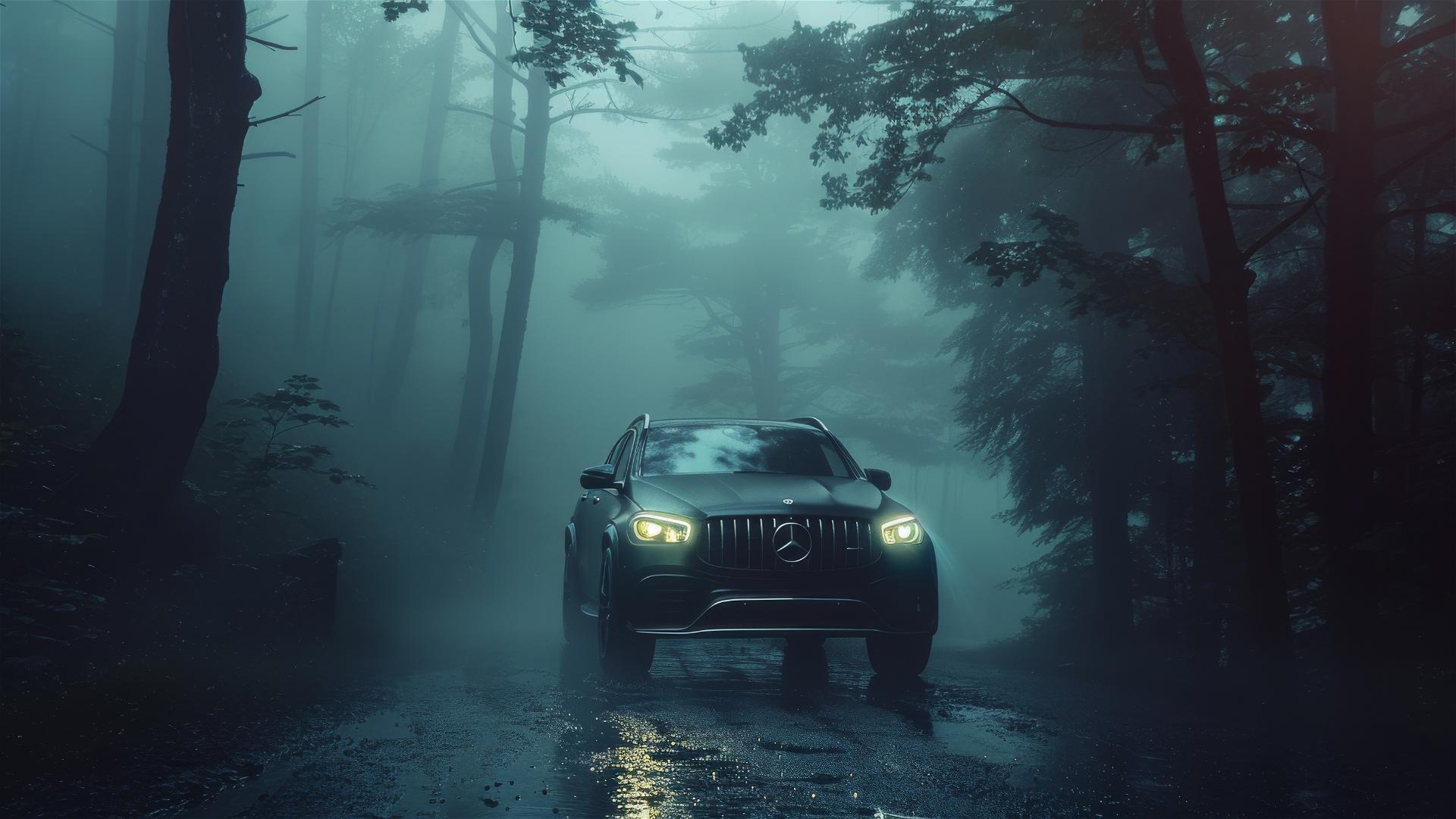 Close-up of Mercedes-Benz GLE in dim, foggy, Gothic-gloomy setting