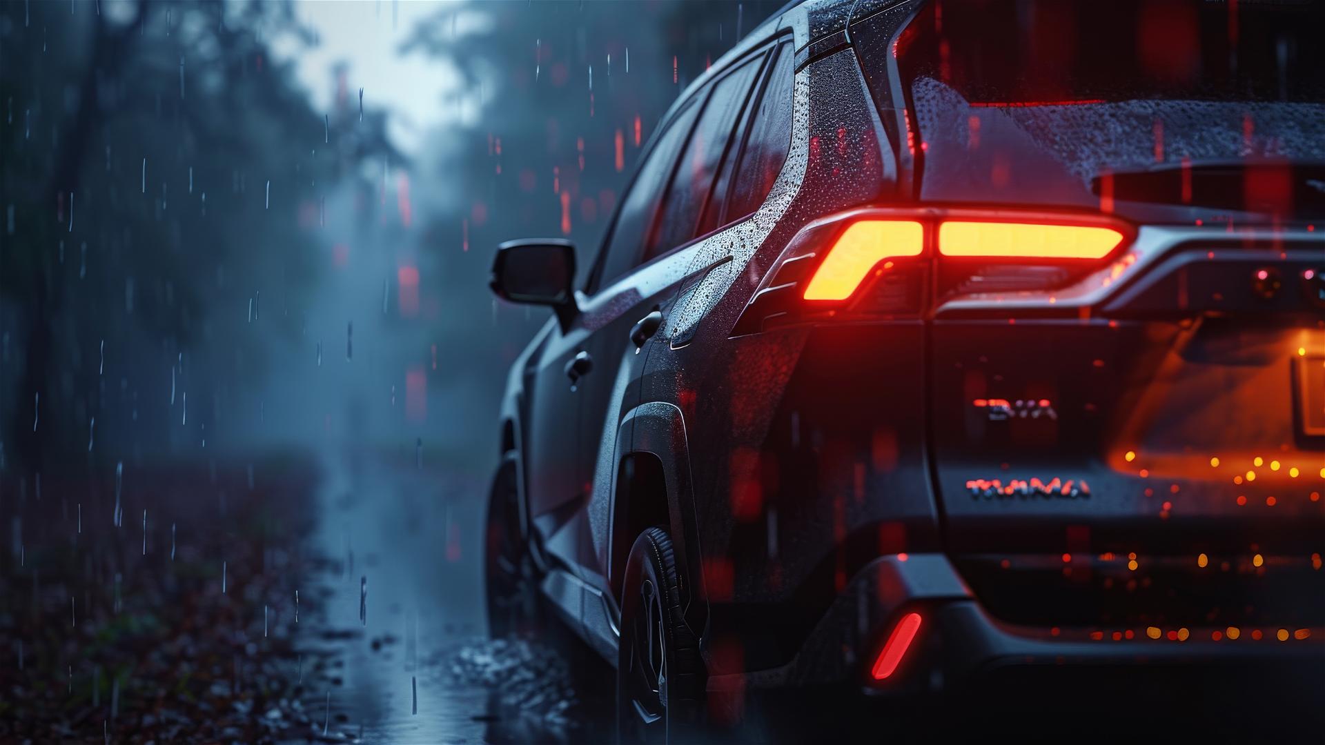 Toyota RAV4 in dim lighting with gothic gloom, closeup, foggy and photorealistic