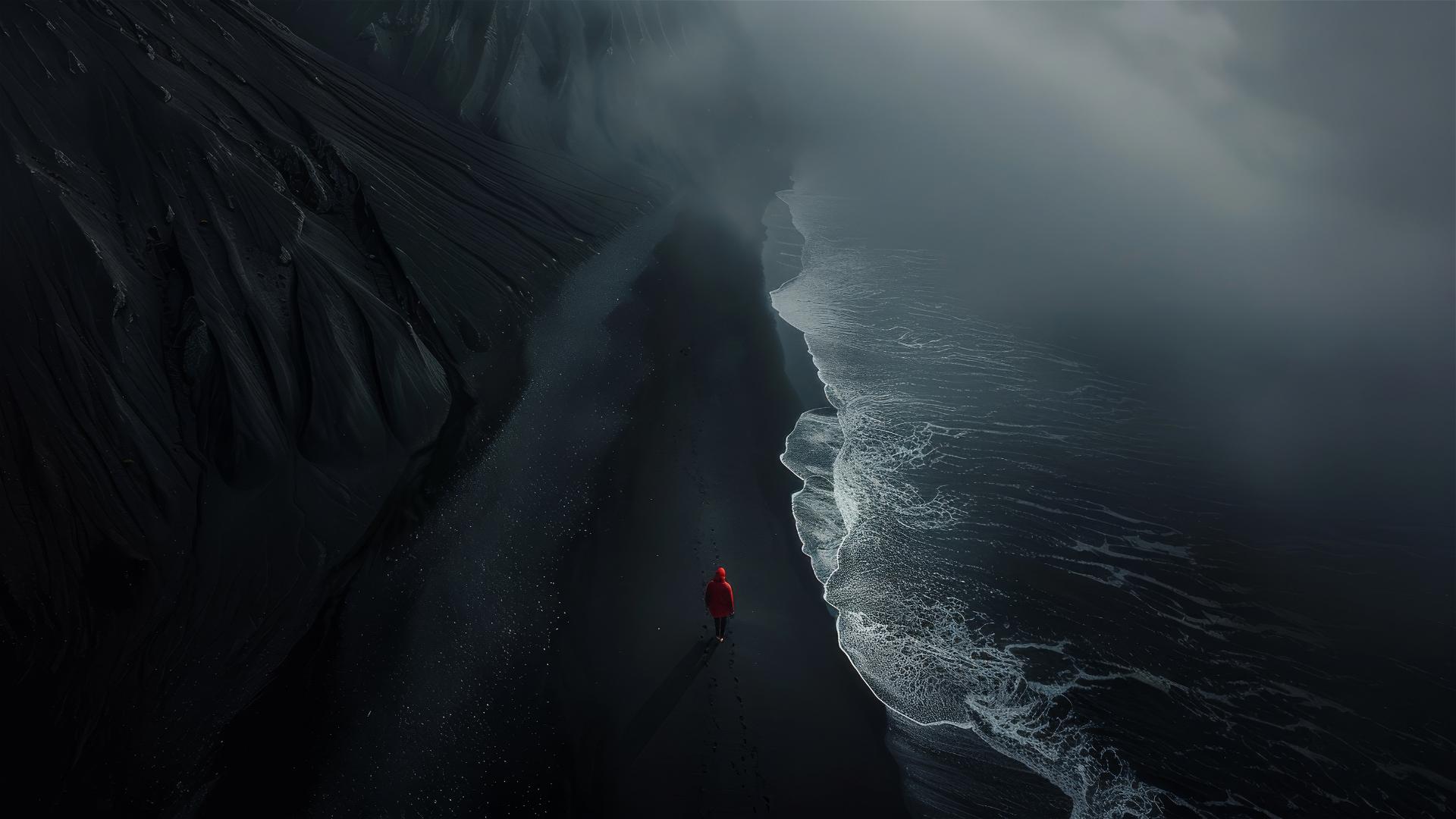 Dark figure on the ground in a desolate Antarctica scene from above