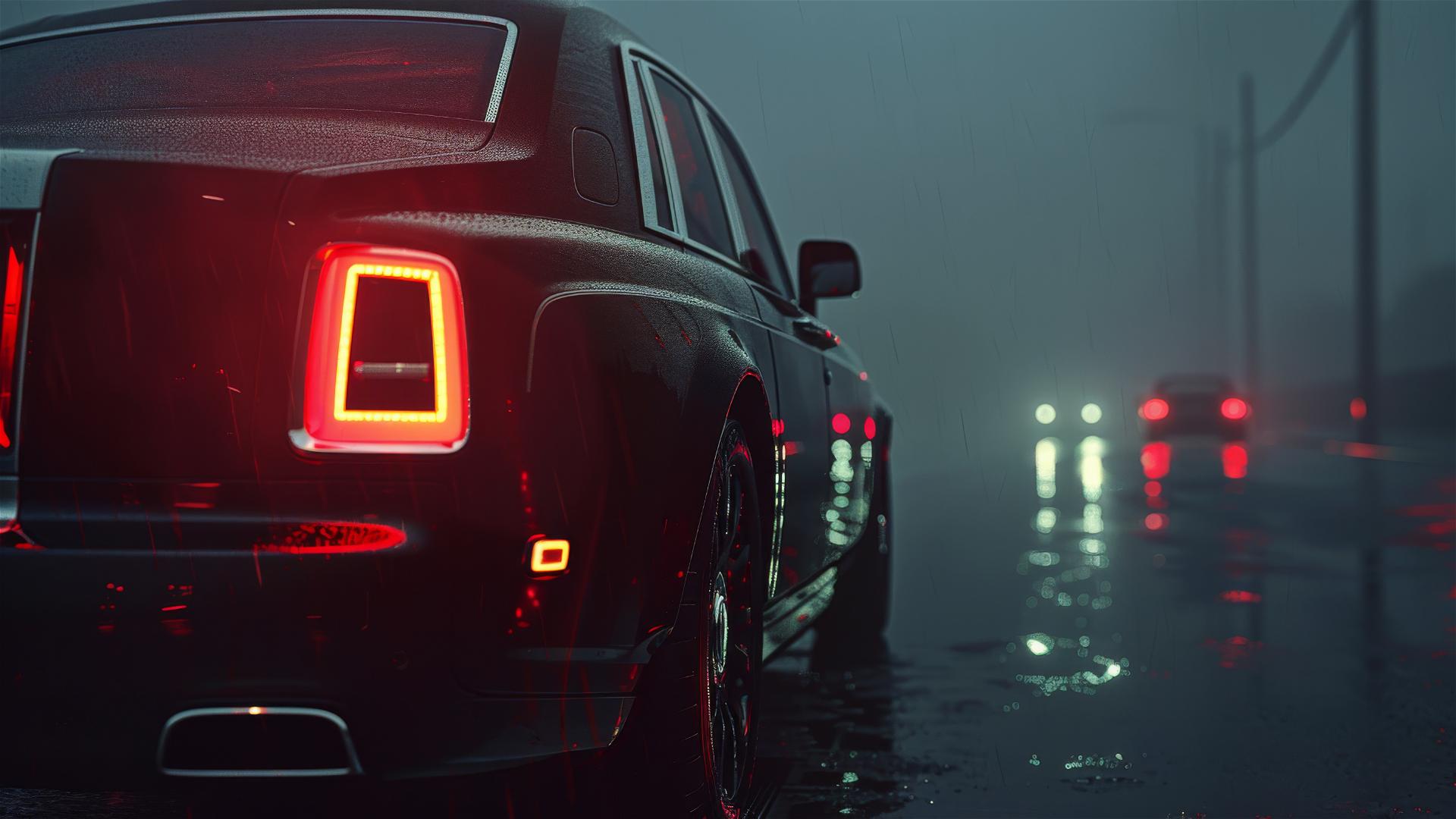 Closeup view of a foggy, gothic gloomy Rolls-Royce Phantom under dim lighting