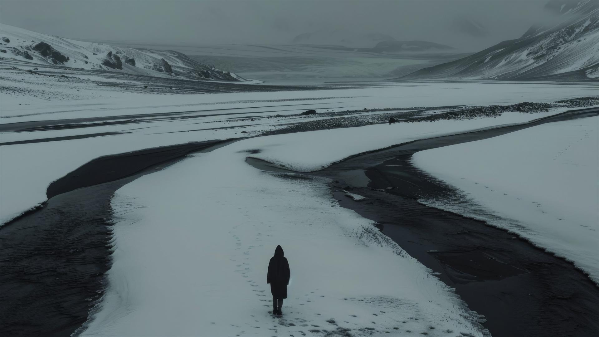 A distant view of a dark figure on the ground in the stillness and loneliness of unknown Antarctica