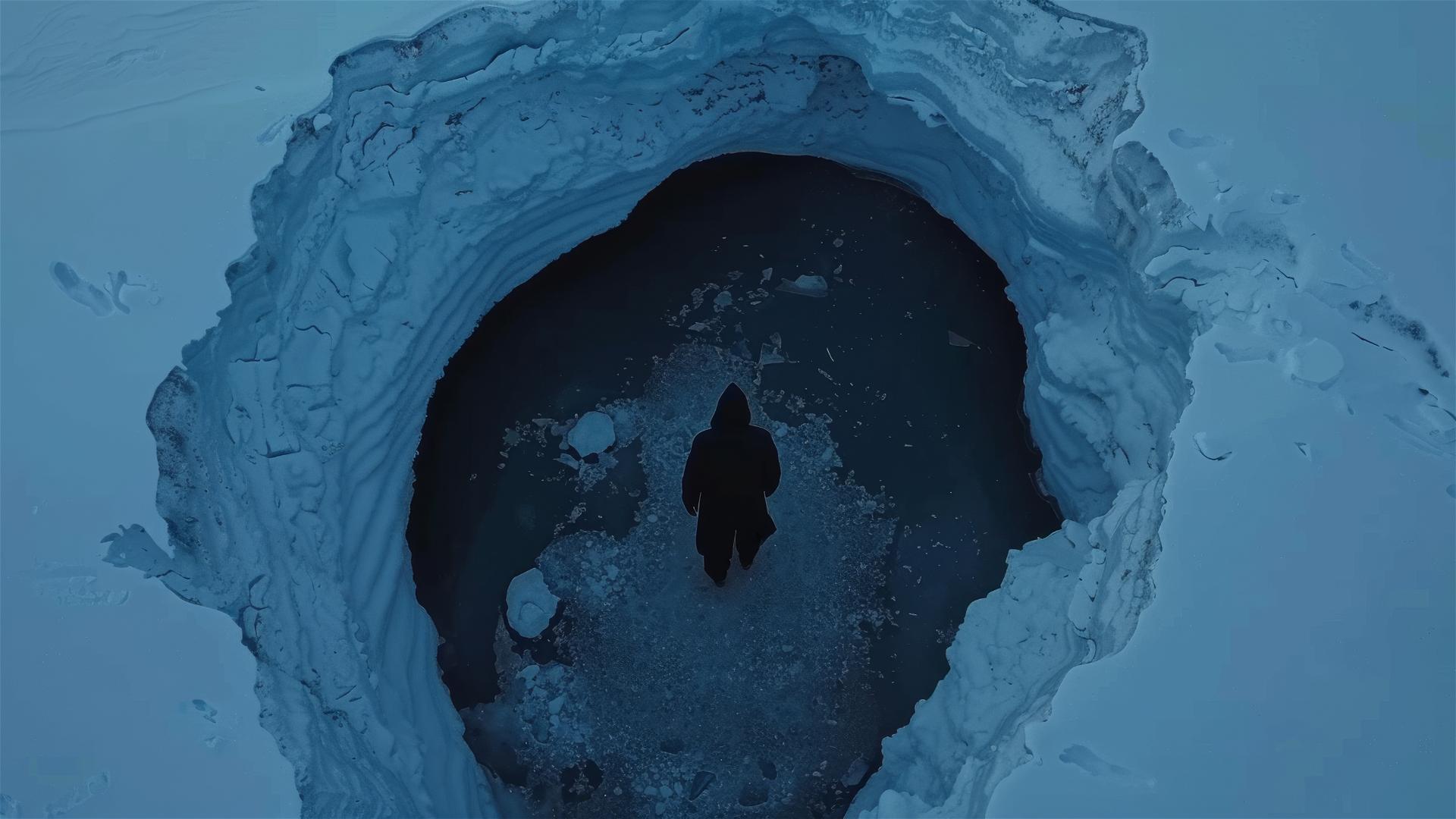 Dark figure on the ground in a lonely Antarctic landscape