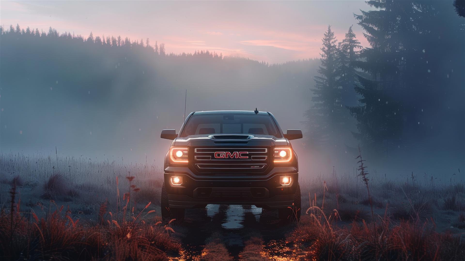GMC Canyon in dim gothic lighting with fog