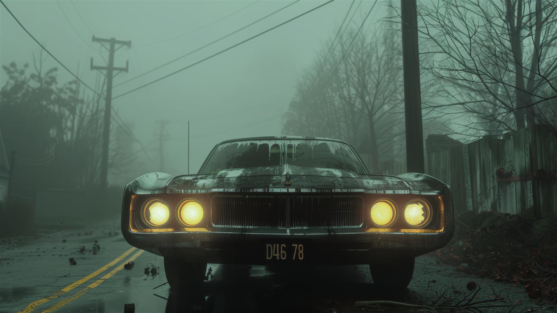 Dodge Dart in dim light with gothic gloom, 8k smooth close-up and foggy photorealistic scenery