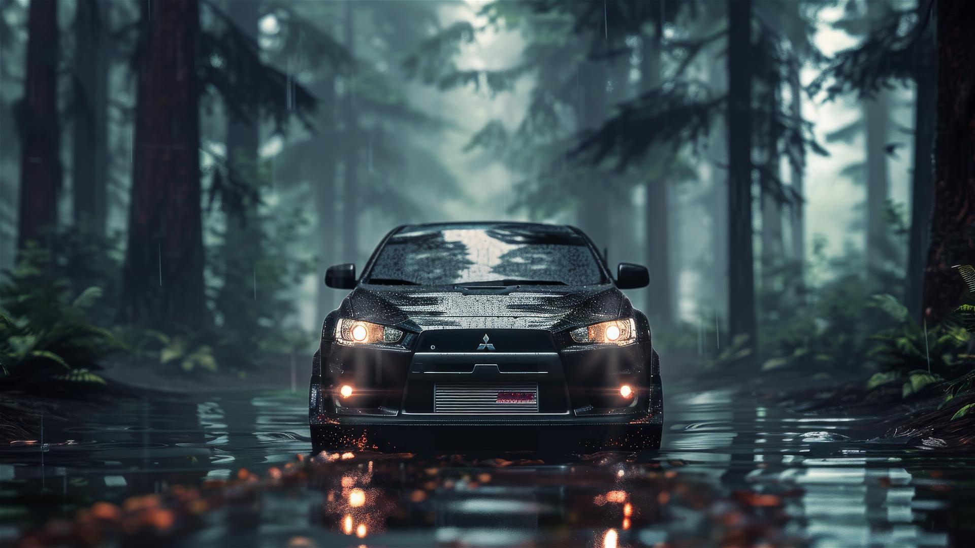 mitsubishi lancer evolution, Dim_Lighting, Gothic gloomy, 8k smooth, closeup view, foggy, Photorealistic