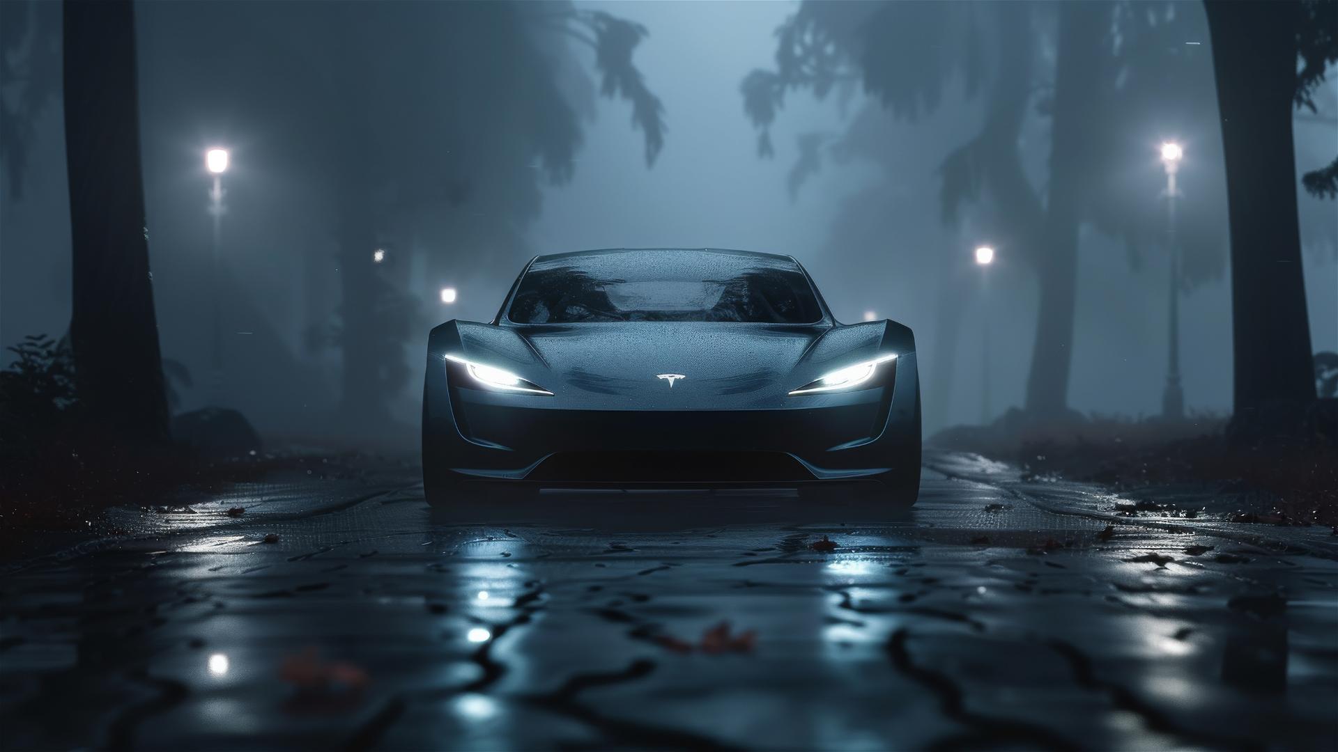 tesla roadster, Dim_Lighting, Gothic gloomy, 8k smooth, closeup view, foggy, Photorealistic
